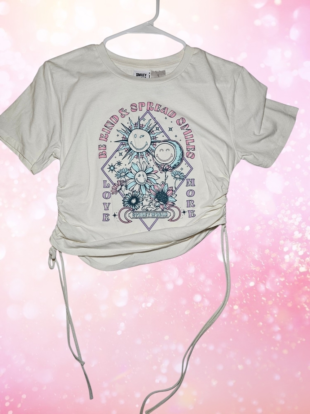Smiley World Ruched Baby Tee Kids Large Pastel Graphic Crop Top Y2K Fairycore